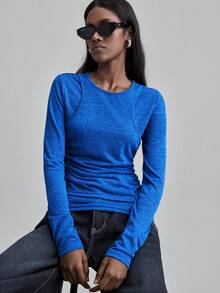 Ontre 女士纯色休闲拼接二合一T恤，都市通勤商务休闲装，办公室穿着，优雅圣诞派对新年装。 - 藍色 - 查看 8