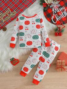 2 Stück Weihnachts-Baby-Mädchen Grafik-Muster Langarm Bodysuit und Leggings Pyjama Set