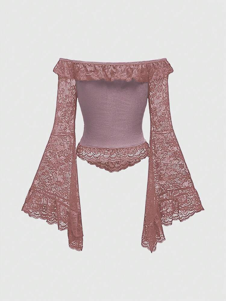 ROMWE Gothic Palace Style Cross Decor Contrast Lace Flare Sleeve Off-Shoulder Velvet Blouse For Women - Pink - View 2