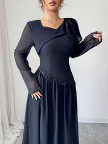 Modelyn Stilvolles französisches Kleid mit asymmetrischem Kragen, Rüschen, taillierter Taille und ausgestelltem Rock für Frauen - Schwarz - Übersicht 3