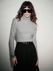 Lumivelle Women's Solid Color Turtleneck Ribbed Fleece Pullover Top, Suitable For Autumn Grey Top  Sparkly Top, Christmas - Grey - View 7