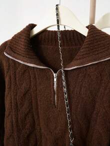 SHEIN Franclia 女士锈棕色高领拉链休闲日常毛衣，羊毛混纺