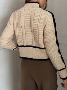 Elyressa Women's Contrast Color Twist Rope Turtleneck Sweater, Casual For Autumn/Winter - Apricot - View 2