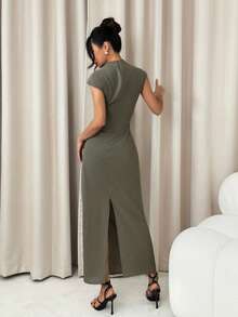SHEIN PETITE 女士优雅纯色修身连衣裙，适合通勤 - 軍綠色 - 查看 2