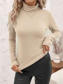 SHEIN Clasi Women's Stand Collar Gathered Waist Fleece Warm T-Shirt,Fall,Fall Clothes For Women - Camel - View 6
