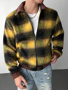 Manfinity Roghcode Men's Yellow Plaid Long Sleeve Patchwork Collar Zip-Up Jacket,Vintage Grunge Streetwear Shacket,Autumn Holiday Baggy Windbreaker Winter Sweater Jacket - Multicolor - View 4