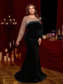 Glamrae Abito lungo elegante e romantico con patchwork in velluto nero, decorato con perline di lusso, maniche lunghe asimmetriche e orlo a sirena con strascico, adatto per matrimoni, feste, celebrazioni e occasioni formali - nero - Visualizzare 6