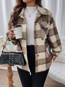 SHEIN LUNE Plus Plaid Flap Pocket Drop Shoulder Coat Fall Winter Cloth For Women Autumn