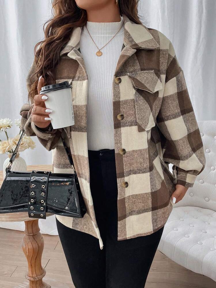 Plus Plaid Flap Pocket Drop Shoulder Coat Fall Winter Cloth For Women Autumn