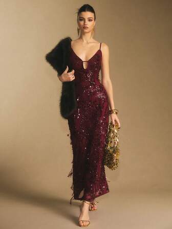 Poéselle Women's Dress Burgundy Sequin Fringe Maxi Slip Dress – Plunge Keyhole Front & Open-Back Spaghetti-Strap Gown For Gala, Wedding-Guest & Holiday Evenings Burgundy Sequin Dress Open Back Evening Gown Sequin Maxi Dress Holiday Party Outfit Winter Wedding Guest Dress NYE Dress  Women's Floral Sequin Hollow-Out Bodycon Sexy Elegant Mid-Length Slip Dress Winter Dress Women Winter Clothes For Women Fall/Winter Christmas Party Dress Christmas Outfit For Women New Year Dress Elegant Dresses For Women Sequin Dress Red Dress