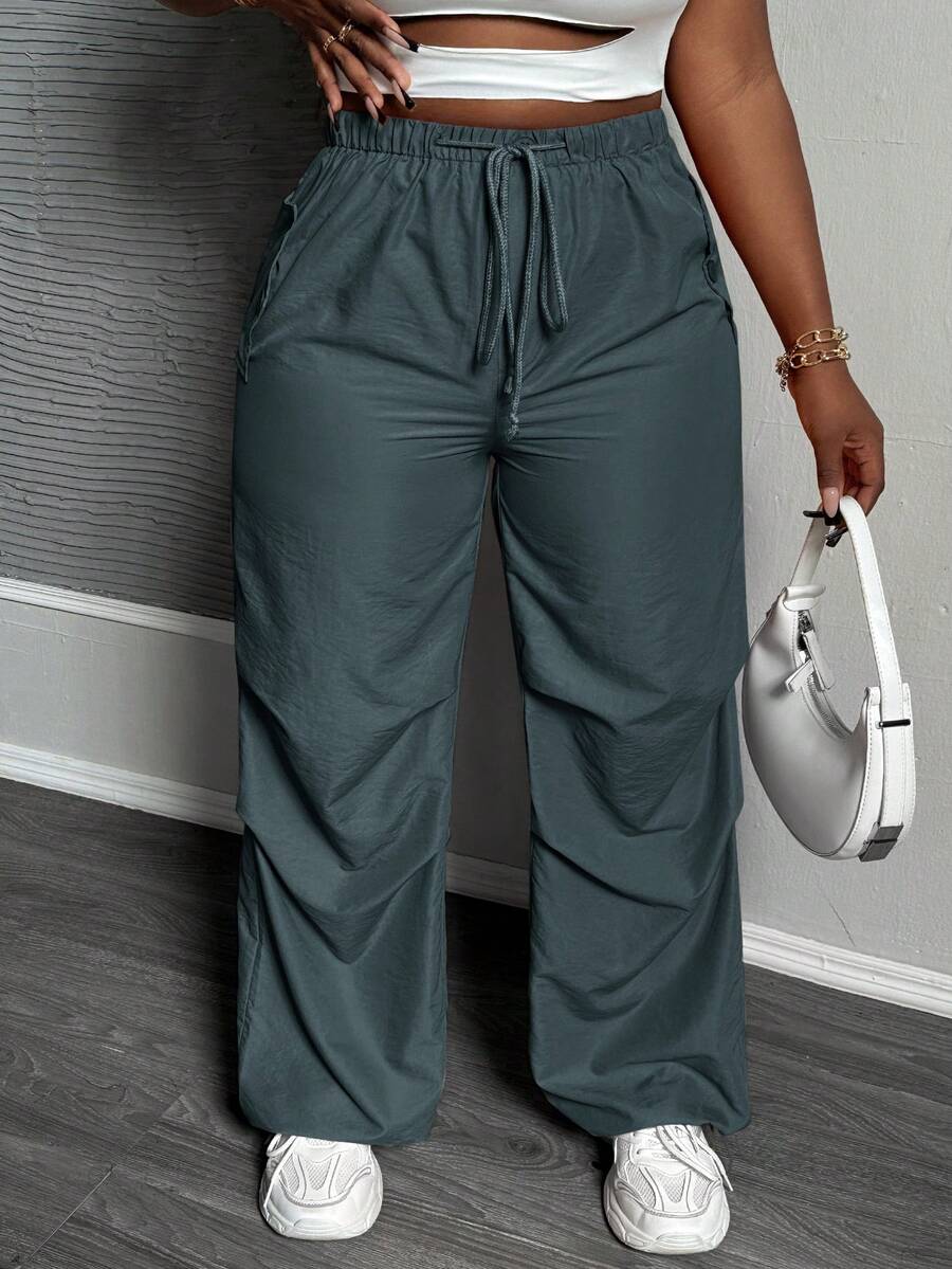 Slaydiva 女士直筒宽松工装裤，高腰抽绳宽松口袋休闲慢跑裤，嬉皮朋克街头风女士宽松裤，女士休闲裤，抽绳裤，女士工作裤，女士长裤，工作裤，夏季裤 - Iron Gray - 查看 1