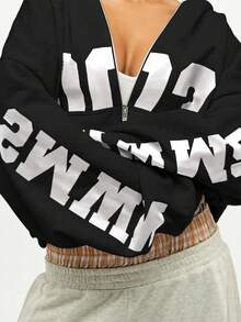 SUMWON WOMEN 超大拉链连帽衫，带有粗体字母印花和兜帽，打造休闲街头风格 - 黑色 - 查看 8