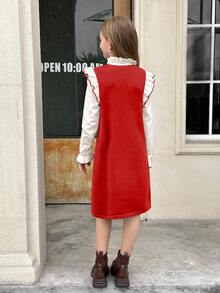 SHEIN Serisse Kids 青少年女孩杏色和红色提花领结露肩长袖毛衣裙，返校节礼服，优雅服装，服装，礼服，秋季服装，适合秋冬 - 紅色 - 查看 11