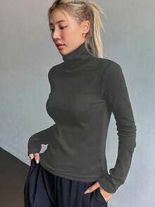 FRIFUL 女士休闲纯色高领抓绒T恤，秋冬长袖女款 - 深灰色 - 查看 4