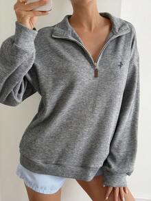 Livesso Sudadera de mujer con cuello alto, media cremallera, estampado de dibujos animados, estilo casual de negocios elegante de calle, forrada térmicamente para otoño/invierno - Gris - Ver 7
