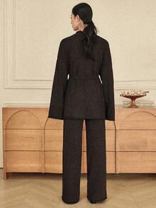 Dazy-Less 女士宽松商务休闲针织开衫和直筒休闲裤两件套西装，秋冬 - 軍綠色 - 查看 4