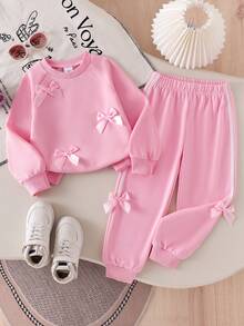 SHEIN 2pcs/Set Baju Sweatshirt Lengan Raglan Warna Polos dan Celana Rajut untuk Anak Perempuan, Pakaian Kasual Kerah Bulat - Berwarna merah muda - View 4