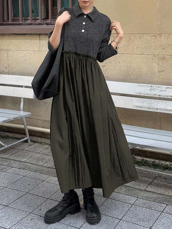 FRIFUL 女式金属纽扣装饰拼接宽松下摆厚款长连衣裙，秋冬