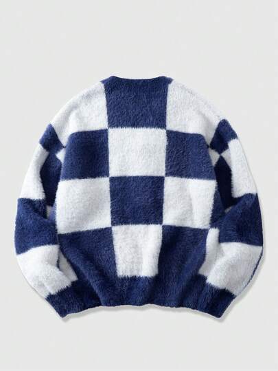 Men's Casual Plaid Button Fuzzy Knit Cardigan