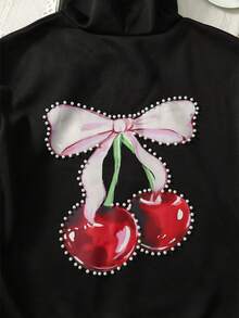 Franclia Women's Casual Minimalist Studded Cherry Print Loose Thick Sweatshirt - Black - View 5