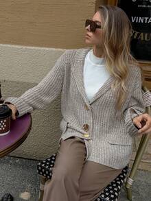 Elyressa 女式休闲长款落肩开衫，长袖，单排扣，秋冬 - 卡其色 - 查看 6