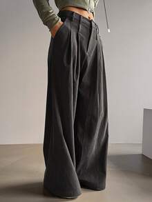 DAZY Women's Solid Color Pleated Pocket Wide Leg Loose Casual Pants - Dark Grey - View 3