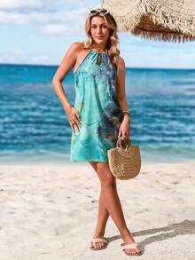 Sylviya Marble Print Keyhole Neckline Halter Dress - Multicolor - View 4