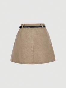 SHEIN MOD Women High Waist Metal Belt A-Line Pleated Knitted Brushed Short Skirt, Autumn/Winter - Khaki - View 2