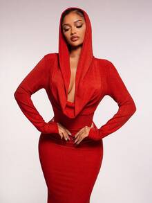 Radiana 女士性感优雅奢华红色连帽垂坠领修身美人鱼连衣裙，超长拖尾晚礼服，长袖连衣裙，高弹闪亮丝绸般面料，修身剪裁，适合约会、聚会、派对、俱乐部、宴会、舞会、圣诞节、除夕夜、节日 - 紅色 - 查看 1