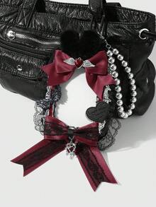 ROMWE Anime 1pc Y2K Goth Style Handmade Beaded Necklace With Silver CCB, Black & White Lace, Faux Fur, Red Ribbon Bow, Acrylic Wings, Liquid Chain, Leather Letters, Heart, White Acrylic Card Holder, Suitable For Students, Idol Fans, Women, Daily Wear, Holiday Gift - Black red - View 1