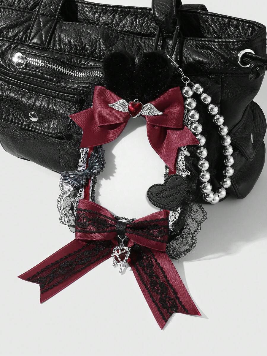 ROMWE Anime 1pc Y2K Goth Style Handmade Beaded Necklace With Silver CCB, Black & White Lace, Faux Fur, Red Ribbon Bow, Acrylic Wings, Liquid Chain, Leather Letters, Heart, White Acrylic Card Holder, Suitable For Students, Idol Fans, Women, Daily Wear, Holiday Gift - Black red - View 1