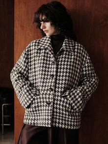 Zovinel Áo khoác ngắn họa tiết Houndstooth thường ngày thời trang nữ - màu nâu - Xem 1