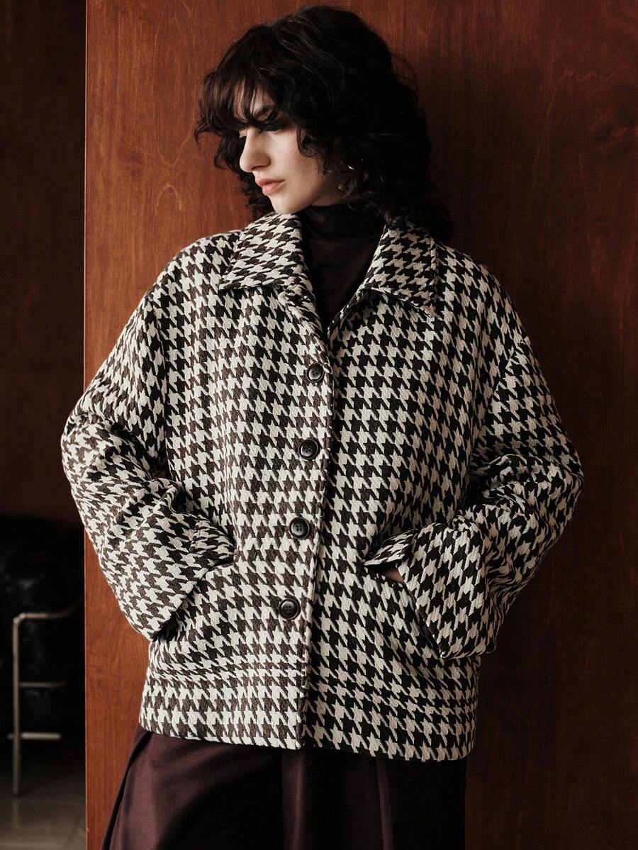 Zovinel Áo khoác ngắn họa tiết Houndstooth thường ngày thời trang nữ - màu nâu - Xem 1