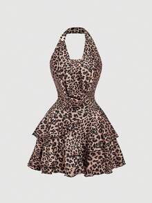 SHEIN MOD Váy ngắn bất đối xứng cổ điển thập niên 70 họa tiết da báo với chi tiết xếp nếp, cổ yếm, đính hạt, viền bánh tầng và cổ áo xếp nếp - Lấy cảm hứng từ Y2K, hoàn hảo cho kỳ nghỉ trên đảo, tiệc tùng, hẹn hò, tiệc sinh nhật, trà chiều và lễ hội - Nhiều màu - Xem 5