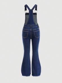 SHEIN Tween Girls Y2K Solid Washed Heart Cute Heart Pattern Distressed Flared Denim Flare Overalls Leg Jeans ,Heart Denim Jumpsuit,Tween Girls Fall Clothes Back To School Outfits,Gilrs Fall Autumn Winter Clothes,Back To School Homecoming Streetwear Outfits, Girl Y2k Outfit, Girls Cute Set, 90s Girls Outfit, Cutesy Clothes - Dark Wash - View 2