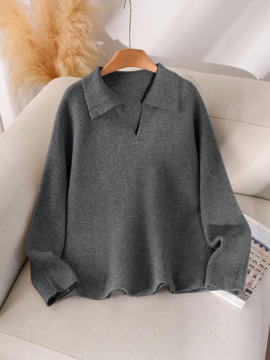 CosyJoli Plus Size Women's Grey Ribbed Knit Pullover Sweater,Autumn Smart Casual Everyday Solid Turndown Collar V-Neck Loose Lightweight Collared Sweater - Grey - View 1