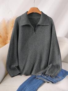 CosyJoli Plus Size Women's Grey Ribbed Knit Pullover Sweater,Autumn Smart Casual Everyday Solid Turndown Collar V-Neck Loose Lightweight Collared Sweater - Grey - View 3