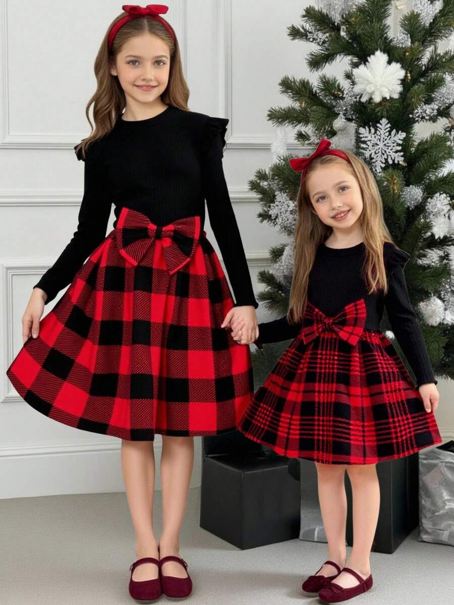 SHEIN Serisse Kids 青少年女孩黑色與紅色格紋拼接蝴蝶結荷葉邊長袖洋裝,優雅2件套,適合秋季、生日、返校日常穿著 - 紅色 - 查看 1