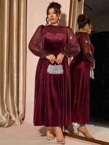 Cravure Gaun Wanita Ukuran Besar Elegan dari Beludru Jala dengan Lengan Mengembang, Pinggang Terikat, Cocok untuk Pesta Musim Gugur - Burgundy - View 5