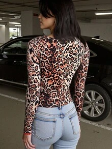 INAWLY Women's Fashionable Y2K Color Block Lace And Leopard Print Long Sleeve T-Shirt, For Spring Fall Cloth For Women