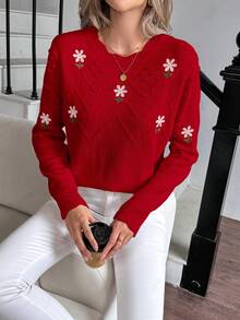 LanaWest Áo len dệt kim dáng rộng thêu hoa thanh lịch dành cho nữ, thích hợp cho ngày lễ tình nhân - Đỏ - Xem 5