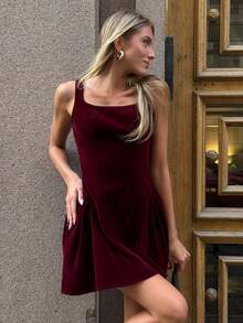 Pariaura 女士优雅 A 字裙，适合婚礼宾客、万圣节、返校季、秋冬季 - 深紅色 - 查看 4