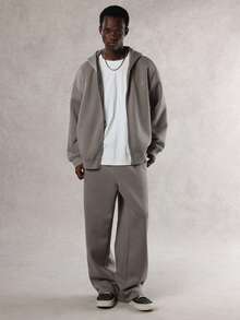 DAZY 男士字母印花保暖内衬拉链连帽衫套装，卡其色，秋冬 - 卡其色 - 查看 3