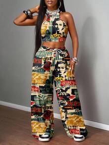 Slaydiva Women's Autumn Clothes/Women's Winter Clothes/Women's Going Out Tops/Y2k Clothing/Streetwear/Graffiti Print/2 Pieces Women's Casual Streetwear Tight Camisole And Loose Pants Set/Suitable For S - Multicolor - View 4