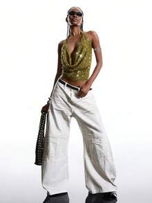 LYSMO 2025新款极简主义女士时尚性感亮片露背吊带上衣/冬季新年圣诞节感恩节派对性感上衣 - 綠色 - 查看 3