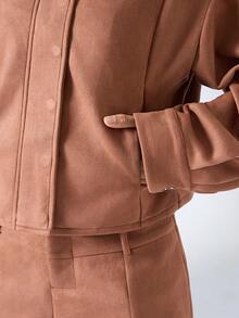 LYSMO Bộ 2 món áo khoác cổ đứng dài tay trễ vai màu trơn và quần short thường ngày cho nữ, mùa thu - Màu Tím - Xem 3