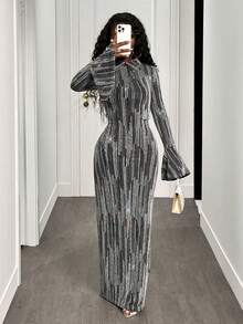 BamGleam 女式条纹领喇叭袖修身连衣裙 - 銀色 - 查看 6