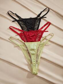 Charlaine 3pcs Lace Eyelash Satin Thong Panties For Women - Multicolor - View 2