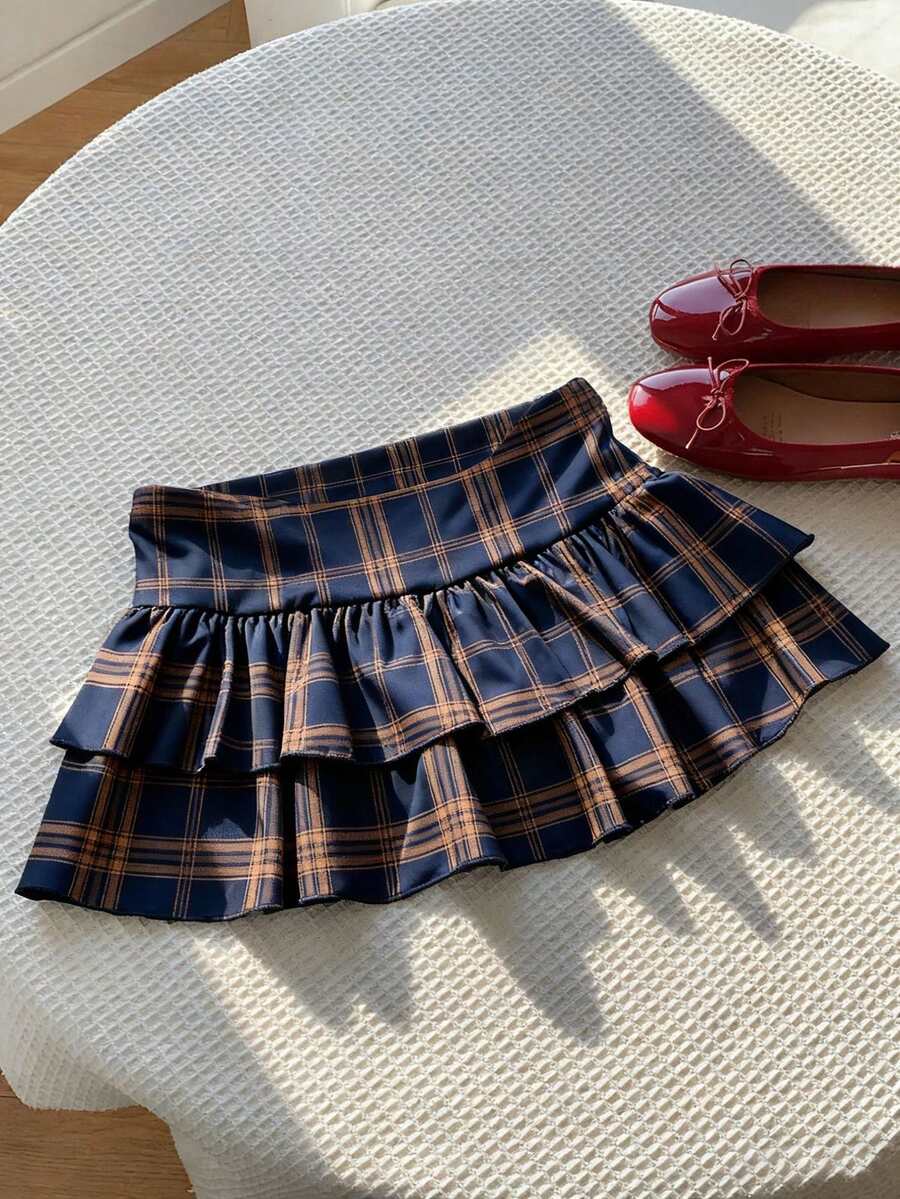 Comfortcana 休闲复古格子女式双层荷叶边下摆百褶裙，适合夏季、秋季和冬季 - 彩色 - 查看 1