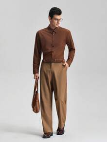 Officeau Men's Solid Color Long Sleeve Single-Breasted Casual Commuter Shirt, Basic Long Sleeve Business Shirt, Casual Business Formal Shirt, Fall Old Money Men's Dress Shirt Spring To Summer - Brown - View 7